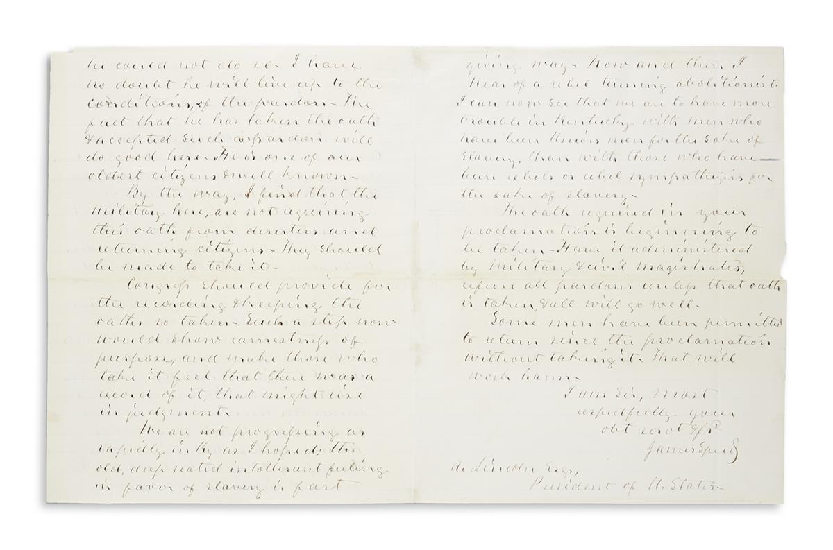 (LINCOLN, ABRAHAM.) SPEED, JAMES. Autograph Letter Signed, as KY Senator, to President Abraham Lincoln,